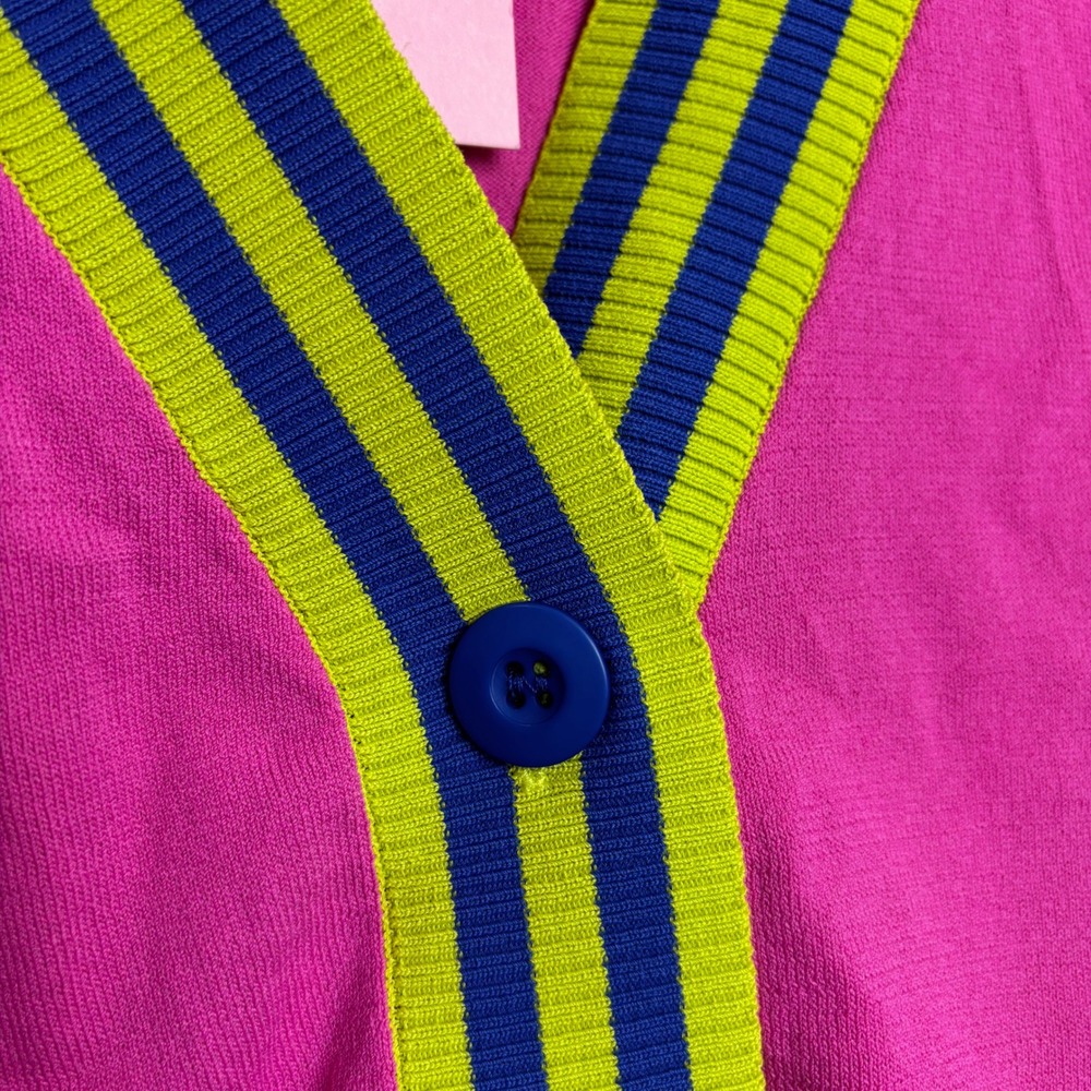 VICTOR GLEMAUD Pink Neon Blue Stripe Colorblock Cardigan Sweater Women's 2X - Picture 7 of 16